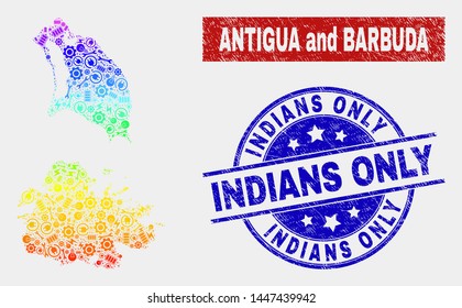 Element Antigua and Barbuda map and blue Indians Only grunge seal stamp. Spectral gradient vector Antigua and Barbuda map mosaic of service items. Blue round Indians Only stamp.
