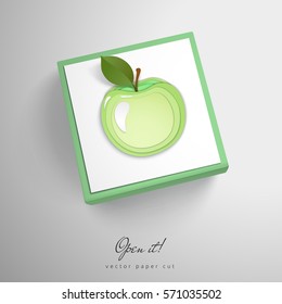 Element with apple. Paper cut design. Vector cubic box. Open it. 3D 