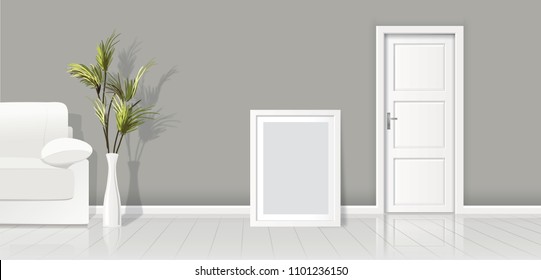 Element of architecture - vector background grey wall width closed white door and frame for picture