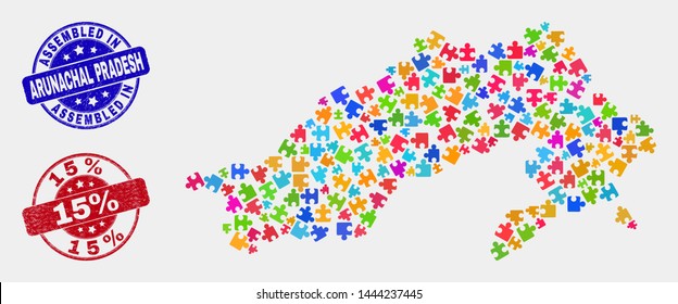 Element Arunachal Pradesh State map and blue Assembled seal stamp, and 15% scratched seal stamp. Colored vector Arunachal Pradesh State map mosaic of plug-in connectors. Red round 15% badge.