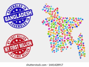 Element Bangladesh map and blue Assembled seal stamp, and My First Million textured seal stamp. Colorful vector Bangladesh map mosaic of bundle elements. Red round My First Million seal.