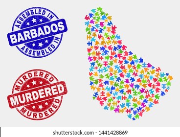 Element Barbados map and blue Assembled stamp, and Murdered textured seal stamp. Colorful vector Barbados map mosaic of bundle units. Red round Murdered stamp.