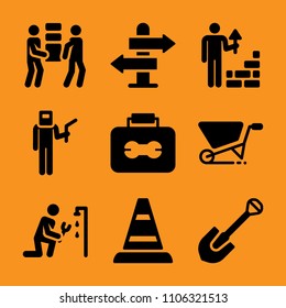 element, barrow, truck, welding, hammer and boundary icon vector set. Flat vector design with filled icons. Designed for web and software interfaces