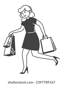 Element of Black Friday set. This eye-catching Black Friday artwork features a black-outlined silhouette of a woman with shopping bags. Vector illustration.