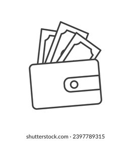 Element of Black Friday set. This Black Friday illustration with bold black lines shows a wallet of cash, symbolizing big discounts and cashback rewards. Vector illustration.