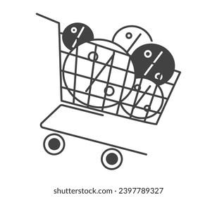 Element of Black Friday set. This striking Black Friday illustration feature bold black lines, showcases funny elegantly wrapped cart of discounts. Vector illustration.