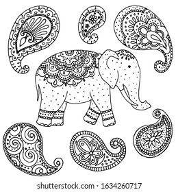 element in black, tattoo pattern, decorative elephant drawing, indian drawings, isolate on a white background