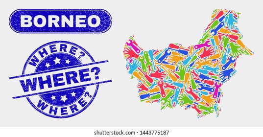 Element Borneo map and blue Where? distress stamp. Colored vector Borneo map mosaic of production elements. Blue rounded Where? stamp.