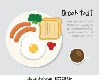 Element of breakfast such as egg fried, toast, sausage, broccoli and a cup of espresso coffee. Flat food design vector illustration.