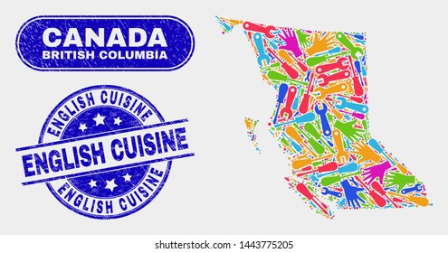 Element British Columbia map and blue English Cuisine grunge seal stamp. Colorful vector British Columbia map mosaic of mechanic elements. Blue round English Cuisine stamp.