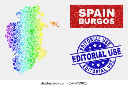 Element Burgos Province map and blue Editorial Use scratched seal stamp. Spectral gradiented vector Burgos Province map mosaic of service elements. Blue rounded Editorial Use stamp.