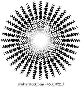 Element with bursting radial distorted lines. Black and white geometric shape isolated on white