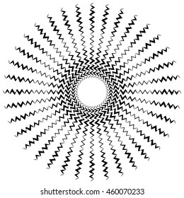 Element with bursting radial distorted lines. Black and white geometric shape isolated on white