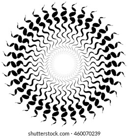Element with bursting radial distorted lines. Black and white geometric shape isolated on white