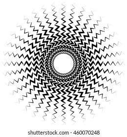 Element with bursting radial distorted lines. Black and white geometric shape isolated on white