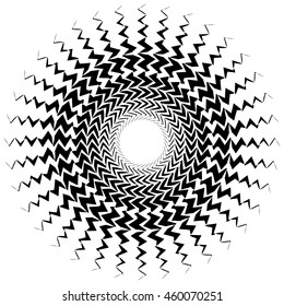 Element with bursting radial distorted lines. Black and white geometric shape isolated on white