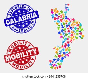 Element Calabria region map and blue Assembled seal stamp, and Mobility scratched seal stamp. Colorful vector Calabria region map mosaic of puzzle items. Red rounded Mobility badge.