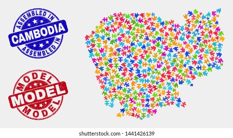 Element Cambodia map and blue Assembled seal stamp, and Model scratched seal stamp. Colored vector Cambodia map mosaic of plugin. Red rounded Model imprint.