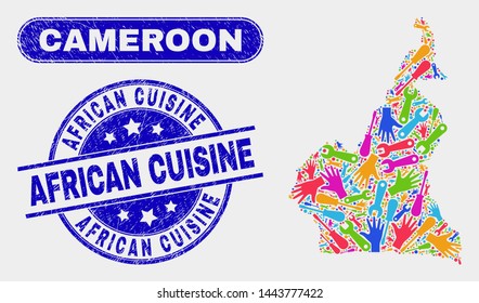 Element Cameroon map and blue African Cuisine textured watermark. Bright vector Cameroon map mosaic of mechanic parts. Blue rounded African Cuisine badge.
