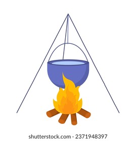 Element for camping bonfire concept. Hiking and active lifestyle. Boiling water in pot, preparing food outdoor. Poster or banner. Cartoon flat vector illustration isolated on white background