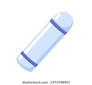Element for camping thermos concept. Hiking and active lifestyle. Steel package for hot drinks and liquids. Social media sticker. Cartoon flat vector illustration isolated on white background