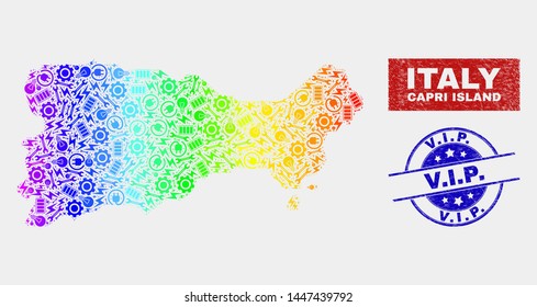 Element Capri Island map and blue V.I.P. scratched seal stamp. Spectrum gradiented vector Capri Island map mosaic of service elements. Blue rounded V.I.P. seal.