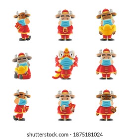 Element of Chinese new year cute of cartoon design in the year of ox wear mask,vector illustration