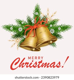Element of Christmas composition, isolated garland with golden bells with snowflakes.