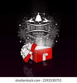 Element of Christmas composition. Isolated red box with reflection and white bow.