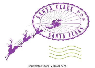 Element for Christmas composition. Oval print in purple color with the silhouette of Santa Claus in a sleigh on a reindeer.
