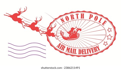 Element for Christmas composition. Oval print in red with a silhouette of Santa Claus in a sleigh and reindeer.