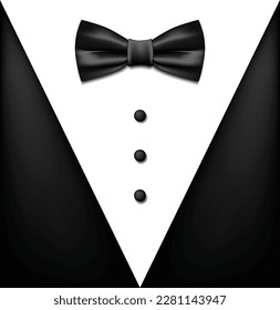 An element of a classic black suit with a black bow tie on a white shirtfront. Realistic illustration.