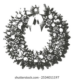 Element der Collage ist ein Weihnachtskranz mit dem Effekt einer Vintage-Punktfotokopie. Retro-Vektorgrafik.