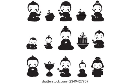 Element collection a playful black illustration of children, cute black illustration of buddhas birthday white background