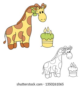 Element of coloring book: the celebrational giraffe with the cake and the bow tie, vector safari animal, line art, isolated cartoon character on the white background for greeting card, invitation