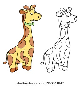 Element of coloring book: the celebrational giraffe with the bow tie, vector safari animal, line art, isolated cartoon character on the white background for greeting card, invitation