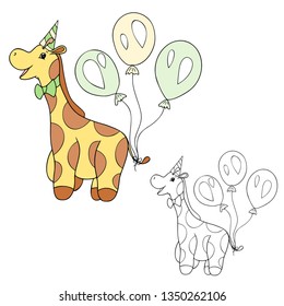 Element of coloring book: celebrational giraffe with three balloon, bow tie, party hat, vector safari animal, line art, isolated cartoon character on the white background for greeting card, invitation