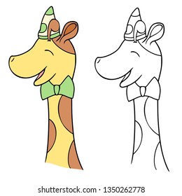 Element of coloring book: muzzle of celebrational giraffe with bow tie and party hat, vector safari animal, line art, isolated cartoon character on the white background for greeting card, invitation