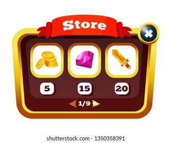 Element computer game interface. Game pop-up window with menus, panel with buttons for 2d games. Store with improved skills. Icons settings, dashboard for app. Game UI kit user interface vector.