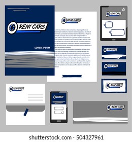 Element of concept corporate identity, banner, poster for automobile rent car service. Free hand drawn illustration auto rental emblem. Vector logo design template with wheel. Rent cars.