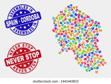 Element Cordoba Spanish Province map and blue Assembled stamp, and Never Stop scratched seal stamp. Colored vector Cordoba Spanish Province map mosaic of plugin connectors.