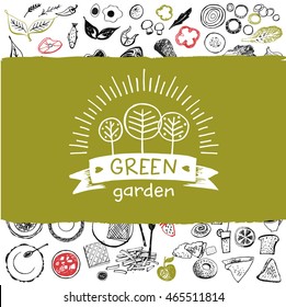 Element of corporate identity, banner, poster, menu for family green farm. Hand drawn element for eco food on color background. Ecology natural product and organic food. Freehand vector sketch logo.