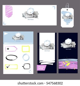 Element of corporate identity, banner, poster. Logotype on white background. Image with hand drawn white pearl and gem.