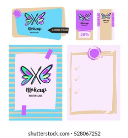 Element of corporate identity, poster, banner, illustration logotype on color background. Image hand drawn butterfly with black makeup brush. Freehand drawn vector logo for beauty salon, parlor, shop.