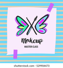 Element of corporate identity, poster, banner, illustration logotype on color background. Image hand drawn butterfly with black makeup brush. Freehand drawn vector logo for beauty salon, parlor, shop.