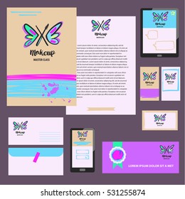 Element of corporate identity, poster, banner, illustration logotype on color background. Image hand drawn butterfly with black makeup brush. Freehand drawn vector logo for beauty salon, parlor, shop
