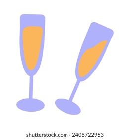 Element of cozy winter set in colorful design. Against a pristine white background, the delicately crafted champagne glasses sparkle with a touch of seasonal magic. Vector illustration.