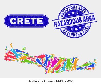 Element Crete map and blue Hazardous Area textured seal. Bright vector Crete map mosaic of workshop items. Blue round Hazardous Area seal.