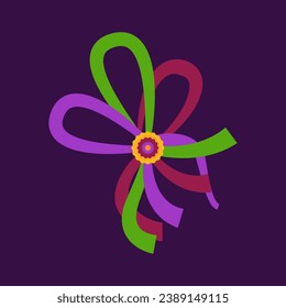 Element of decoration for carnival Mardi gras. Rosette brooch made of multicolored ribbons. Traditional holiday colors Mardi gras. Fat tuesday, festival. For design of greeting card, gift packaging