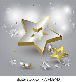 Element of decoration with gold tinsel stars and spiral ribbons on a background